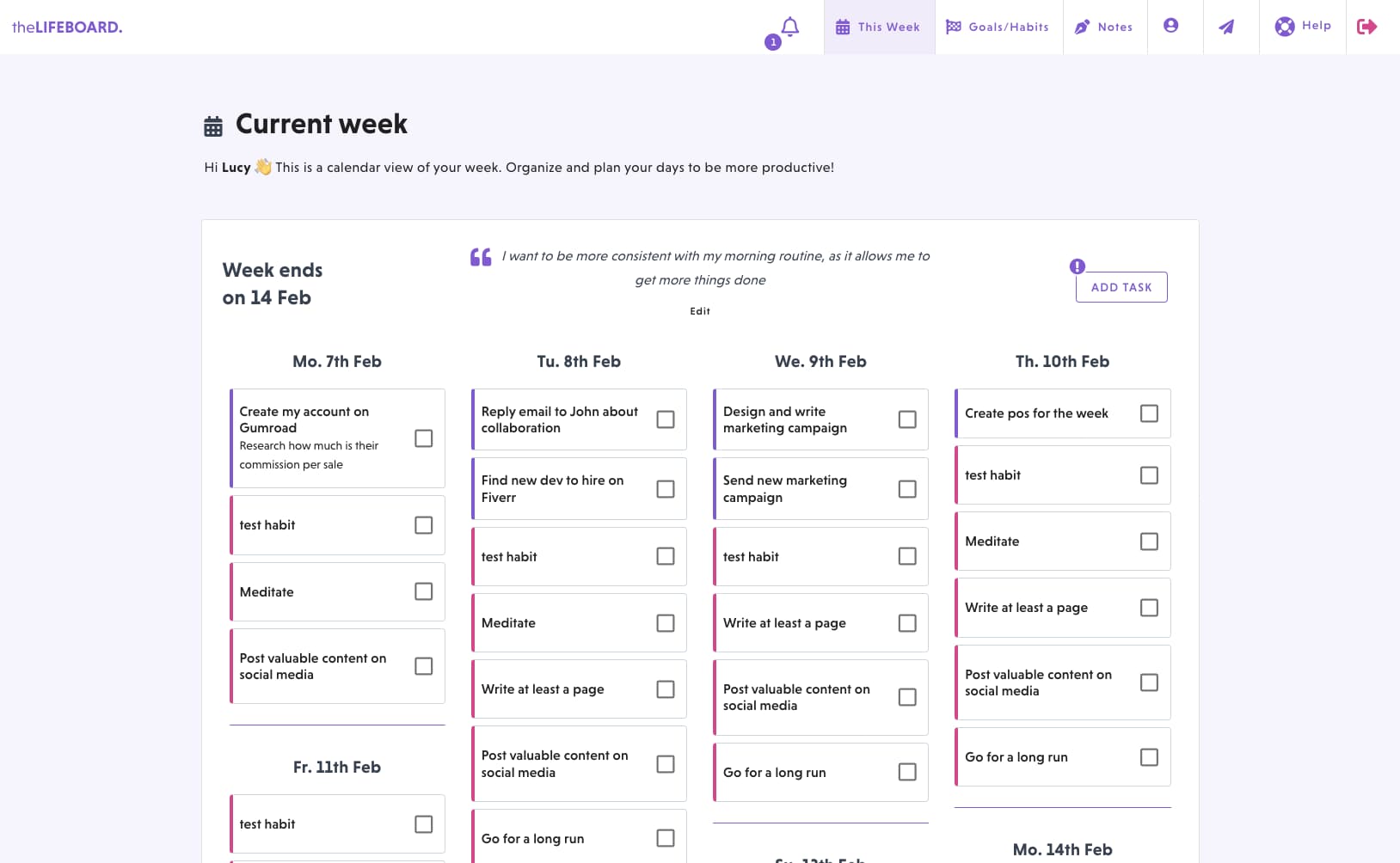 theLIFEBOARD new week page